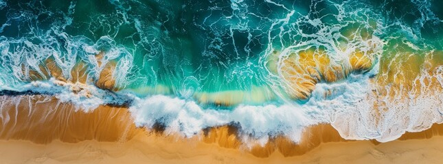 Aerial view of ocean waves, ocean texture in the style of blue and white colors, top down view. Panoramic view of the ocean with large waves