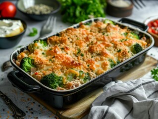 Baked American tuna fish casserole with broccoli and cheese