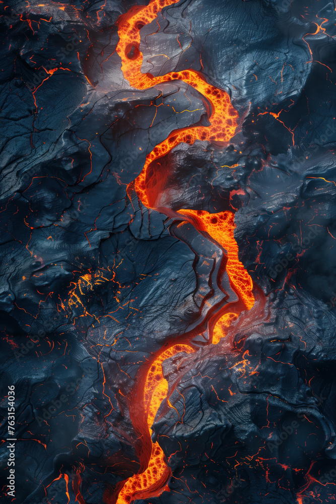 Poster curvy stream of melting lava on a black rock. background image. created with generative ai technolog