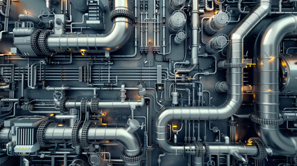 A close up of a large industrial pipe system with many different pipes - obrazy, fototapety, plakaty