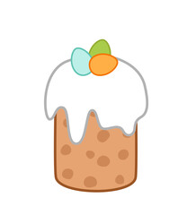 Tall Easter cake decorated by colorful Easter eggs. Cartoon, vector