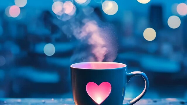 Steam rising out of cup with pink heart photo animation with copy space