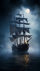 A ghostly pirate ship, adrift in foggy, moonlit waters, with a spectral crew aboard.