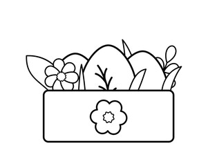 Coloring page box with Easter eggs and flowers. Black and white egg. Vector