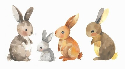 Simple clipart set of gouache or watercolor cartoon cute bunny or rabbit in muted or pastel colors on a white background