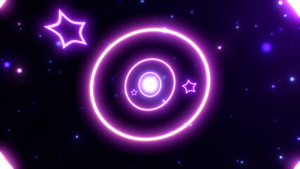 Flying through an abstract neon glowing digital geometric tunnel. Magical elipse shape and stars spinning in the particles of space. Dynamic flight through shiny multicolored glow space.