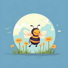 Cute cartoon bee and flowers with blue background.