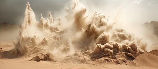 A massive cloud of sand is being whipped by the wind across the desert landscape, creating a mesmerizing meteorological phenomenon under the scorching heat of the desert sky - obrazy, fototapety, plakaty