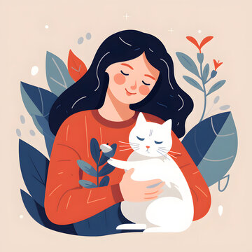 Illustration cartoon of Girl and cat with clean line.