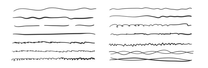 Swift crossed and wavy underlines. Underline markers collection. Vector illustration of scribble lines isolated on white background. - obrazy, fototapety, plakaty