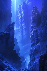 Cercles muraux Bleu foncé Night in a canyon. Surreal landscape Background image. Created with Generative AI technology.