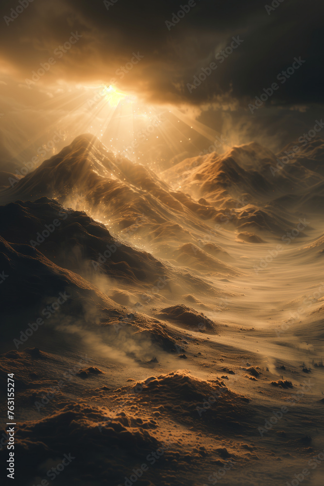 Poster sunset in the mountains. surreal landscape. background image. created with generative ai technology.