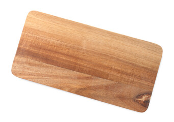 One wooden cutting board on white background, top view