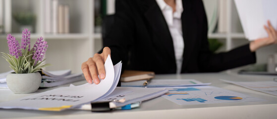 Documents, Business woman and accountant reading report for information, financial data or...