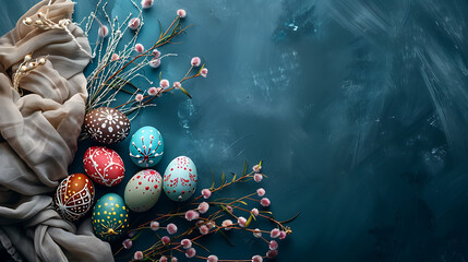 Easter background,  Minimal Easter celebration concept, Colorful decorated Easter eggs with flowers and napkin on blue background with copy space