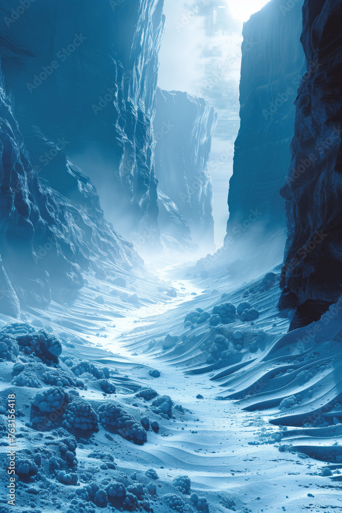 Poster spectacular blue light in a surreal canyon. background image. created with generative ai technology.