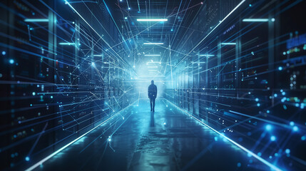 Man Standing in Dark Tunnel With Neon Lights