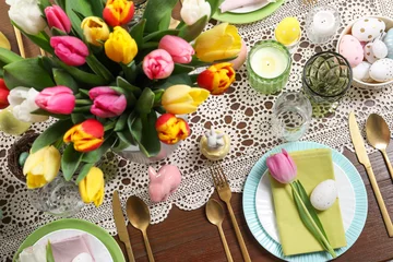 Foto op Plexiglas Festive table setting with beautiful flowers, flat lay. Easter celebration © New Africa