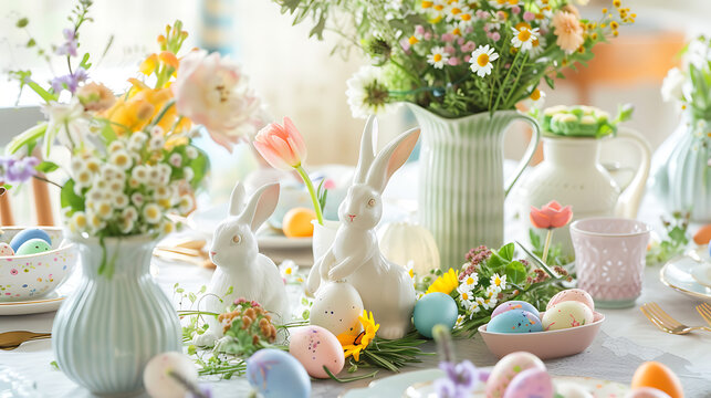 Easter background, Festive table decor with  flowers, eggs, and bunny,  Easter Rabbit Decor