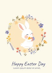 Cute template with cute Easter bunny, eggs, spring flowers and trendy typography design in pastel colors. For poster, card, invitation, cover, calendar, social media posts, menu.