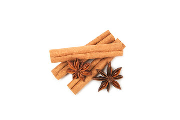 Cinnamon sticks and anise isolated on white background. Cinnamon roll and star anise. Spicy spice for baking, desserts and drinks. Fragrant ground cinnamon.