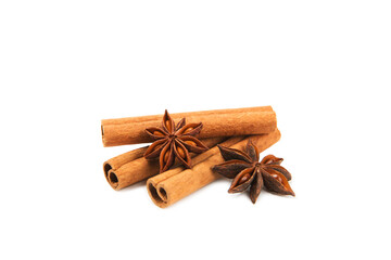 Cinnamon sticks and anise isolated on white background. Cinnamon roll and star anise. Spicy spice for baking, desserts and drinks. Fragrant ground cinnamon.