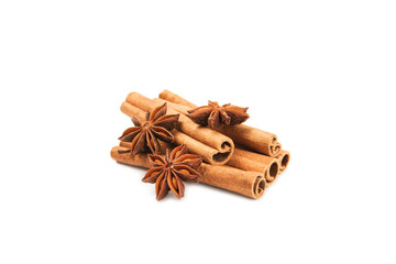 Cinnamon sticks and anise isolated on white background. Cinnamon roll and star anise. Spicy spice...