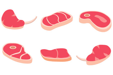 Cartoon meat products. Chicken, sausages and sausages. Set of vector steaks, pork bacon and ribs. Chicken, sausage and bacon steak, product ingredient illustration