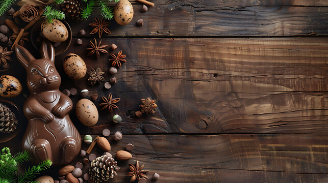 Easter background, Brown decorated eggs with chocolate  Easter bunny, flay lay, wooden background,  Minimal Easter celebration concept