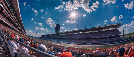  Crowded motor racing stadium under, sport fans attending racing event on sunny summer day. © master1305