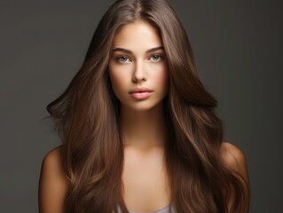 Fototapeta premium Portrait of a beautiful girl with shiny brown and straight long hair. Cute wavy hair woman, Hair treatment, care and spa procedures with copy space