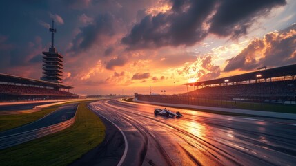 Single race car in motion riding on motor speedway, race track during sunset time. Concept of...