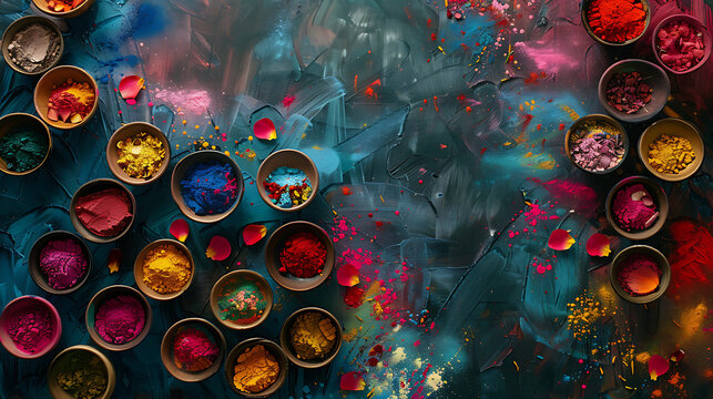 Top view of colored powder in different bowl, Holi celebration concept