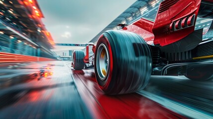 Close-up of red racing car wheel moving on high speed on wet race track with blurred tribune on background. Concept of motorsport, tournament