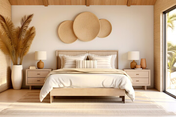 Boho interior design of modern bedroom.