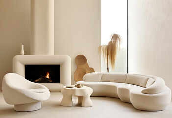 Naklejka premium Minimalist, japandi interior design of modern living room, home. Curved sofa and lounge chair against fireplace.