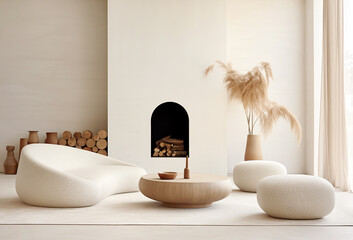 Naklejka premium Minimalist, japandi interior design of modern living room, home. Curved sofa and knitted poufs against fireplace.