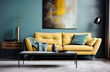 Loft interior design of modern living room, home. Yellow sofa with turquoise pillow and knitted plaid. Side table and black floor lamp against stucco wall with big poster.