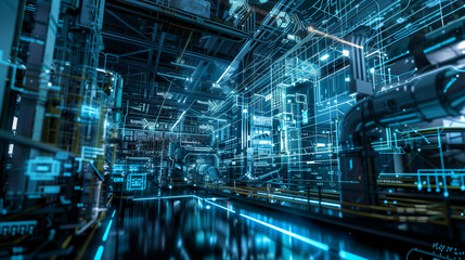 Industrial Manufacturing Facility With Numerous Machines, holographic wireframe digital visualization
