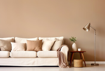 Scandinavian interior design of modern living room, home. Sofa with pillows, side table and floor lamp against blank beige wall with copy space.