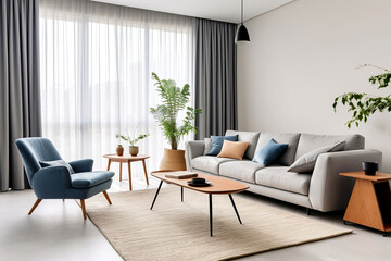 Mid century interior design of modern living room, home. Grey sofa, ellipse coffee table and blue lounge chair against window dressed with grey curtains.