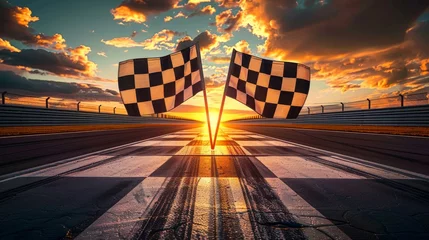 Zelfklevend Fotobehang Two large checkered flags, icons of motor sport on empty racetrack during sunrise. Concept of motorsport, tournament © master1305