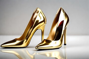 Golden stiletto heels woman shoes isolated on white - obrazy, fototapety, plakaty