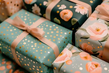 Fototapeta na wymiar photo birthday presents with wrapping paper with polka dots and floral patterns in pastel and gold colors, flat lay pattern