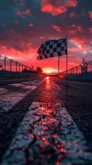  Checkered flag at empty race track with wet asphalt reflecting dramatic red sunset. Concept of motorsport, tournament © master1305