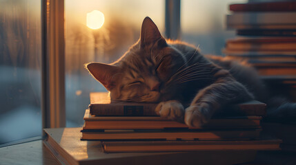 Cute cat sleeping on top of a pile of books. - obrazy, fototapety, plakaty