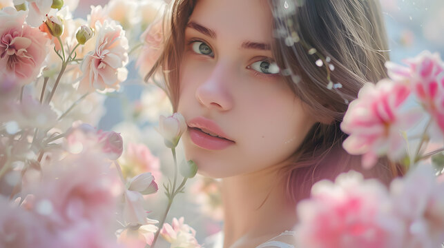 Beautiful young woman with cherry blossom at spring