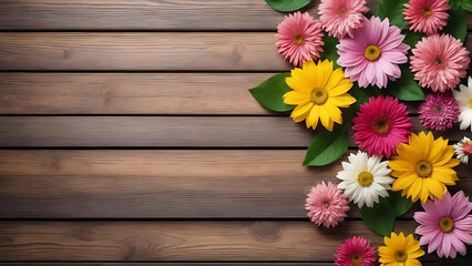 spring flowers on a wooden table. copy space