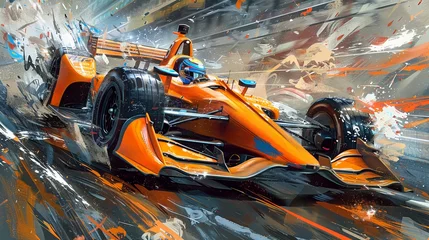 Schilderijen op glas Multicolored illustration with racing car in dynamics paint splatter and speed lines. Concept of motorsport, tournament © master1305
