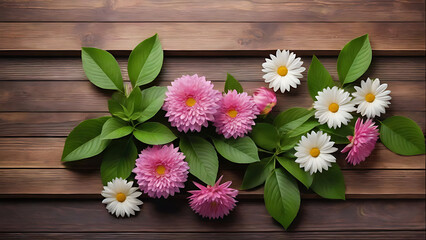 spring flowers on a wooden table. copy space